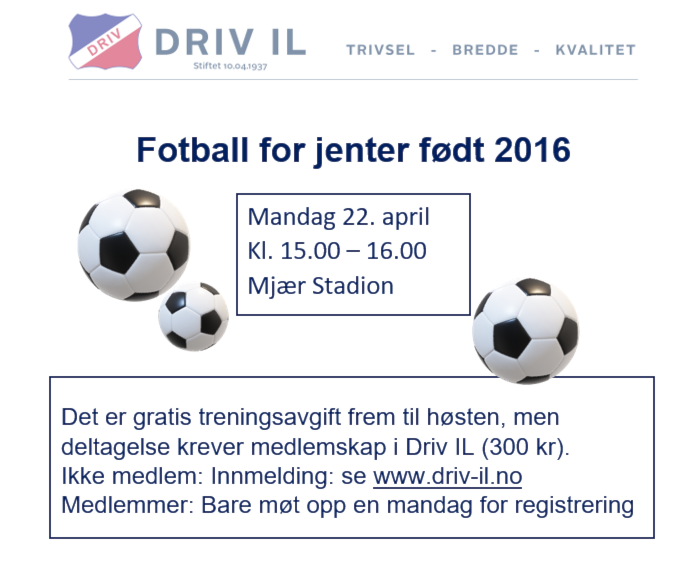 Fotball for jenter født 2016, oppstart 22.04.24